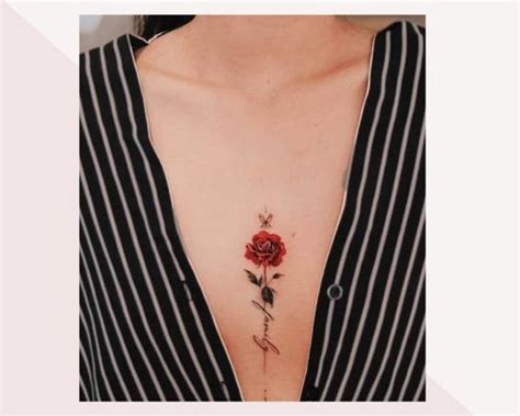 small rose tattoo between breast|Simple Between Breast Tattoos: Placement, Designs, And。